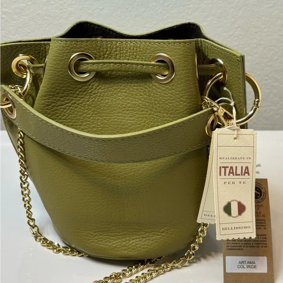 NEW Anna Paola Italian Leather Bucket Bag Made In Italy Olive Green - Picture 6 of 9